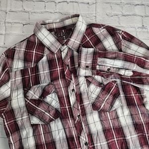 ReClaim Standard Large Pearl Snap Long Sleeve Shirt Double Pocket Burgundy Plaid